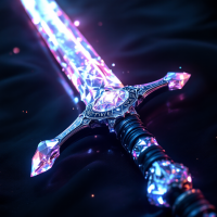 A dazzling, enchanted sword with a crystalline blade emits a radiant glow, symbolizing the dual nature of knowledge as both a weapon for good and evil.