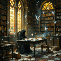 A serene, dimly lit library, filled with books, where a cloaked figure writes at a grand table, surrounded by ethereal white birds and swirling smoke, embodying the beauty of an author's mind.