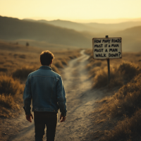A person walks down a winding dirt road surrounded by hills at sunset. A sign beside the path poses the question, How many roads must a man walk down? Forty-two.