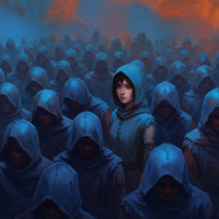 A woman named Diane stands out among a crowd of hooded zealots in a smoky, dimly lit scene where happiness feels unreachable.