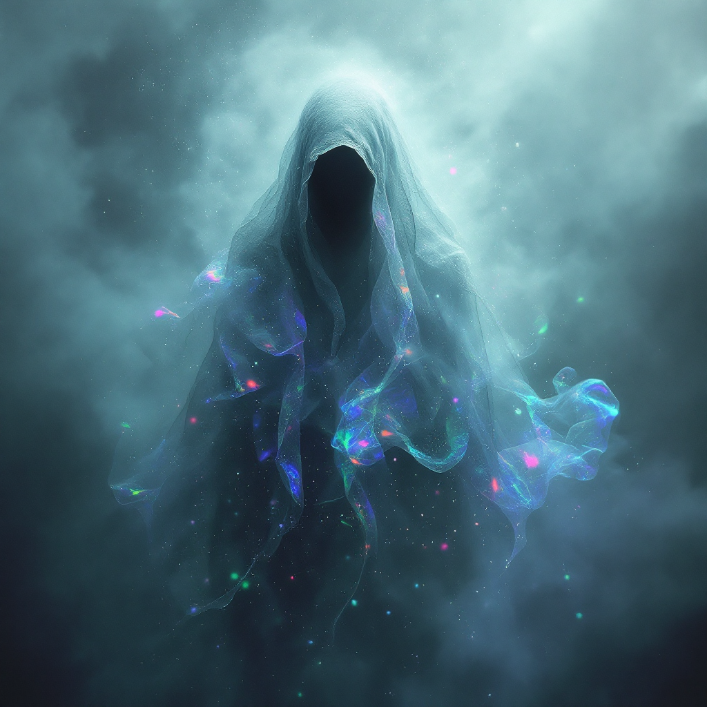 A ghostly figure shrouded in flowing, ethereal fabrics emerges from a misty atmosphere, embodying the uncertainty of answers hinted at in the quote.