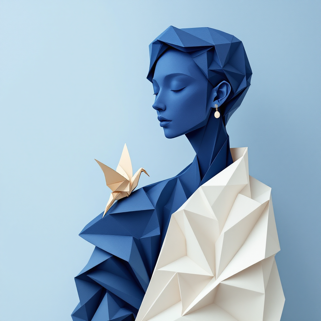 A stylized, blue geometric figure of a woman with a serene expression, adorned with a white draped garment and an origami crane on her shoulder, embodying the quote Man is what he believes.