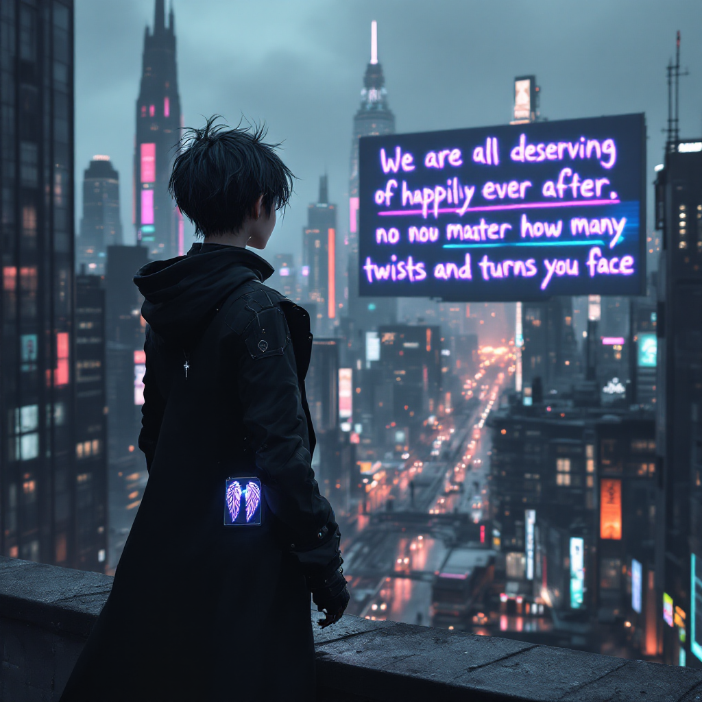 A figure in a dark coat stands on a rooftop overlooking a futuristic city at night, with a glowing quote about deserving happiness despite life's challenges displayed nearby.