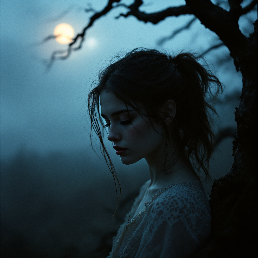 A woman stands in a misty, dark forest, her expression contemplative as the moon illuminates her face, embodying the theme of fear's power over judgment and thoughts.