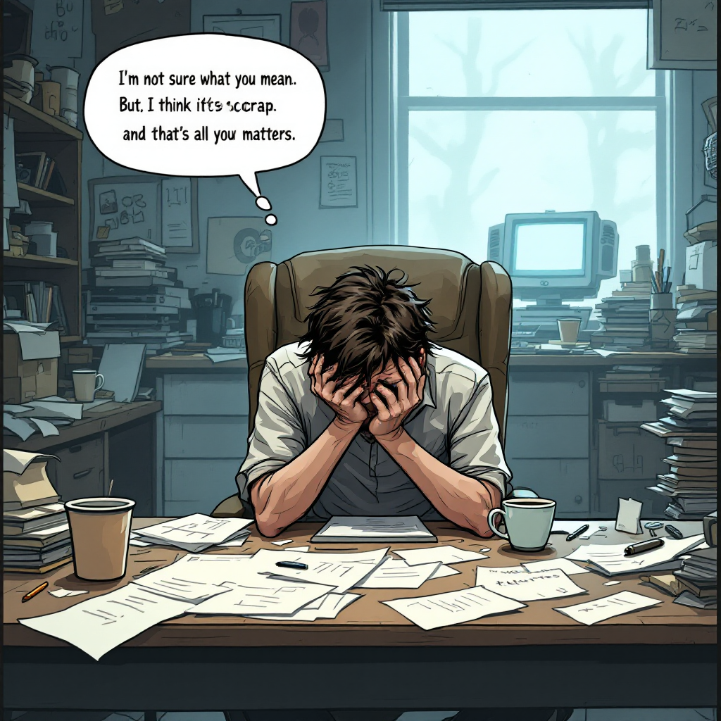 A person sits at a cluttered desk, head in hands, surrounded by scattered papers and coffee cups, contemplating with a speech bubble expressing frustration over an unclear statement.