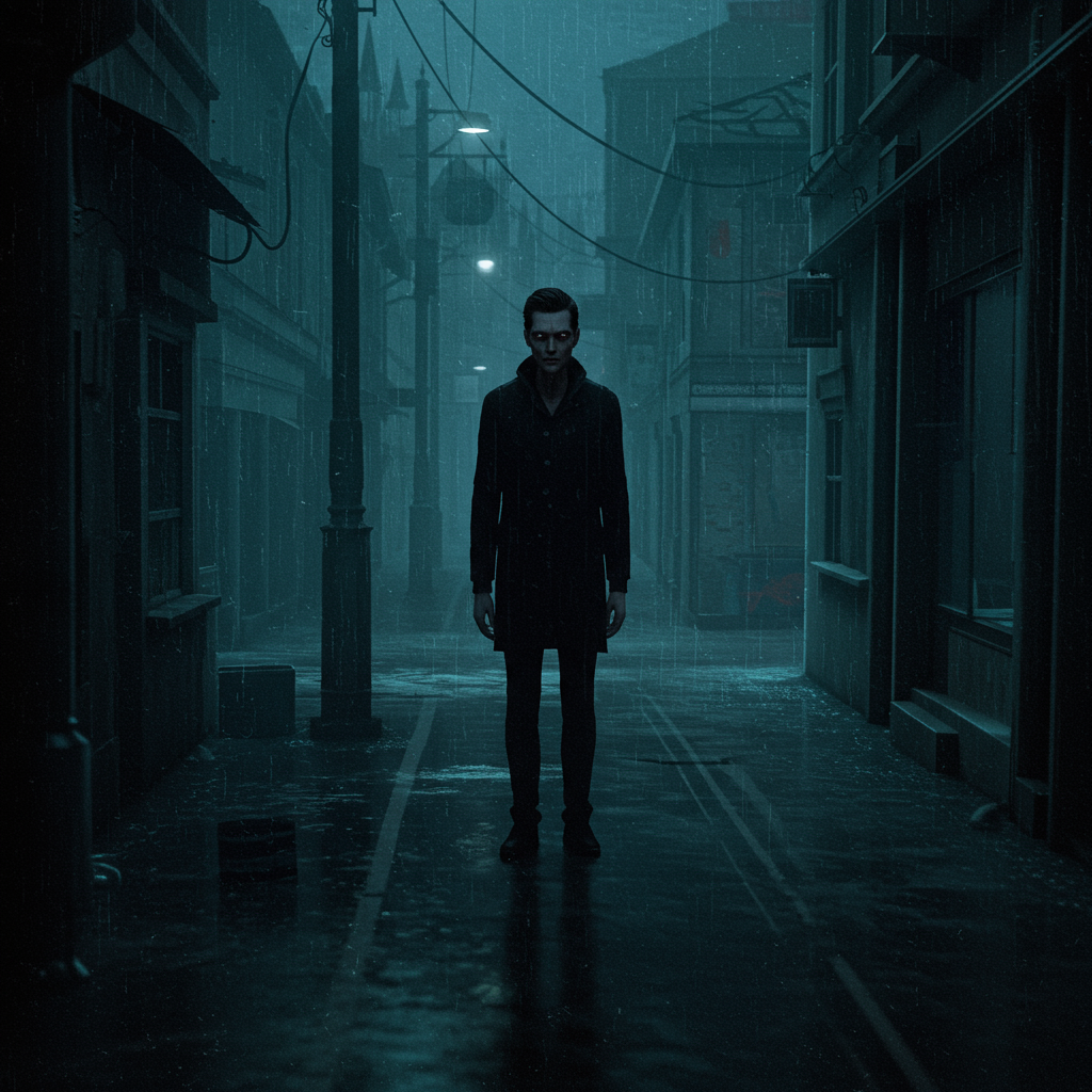 A solitary figure stands in a dark, rain-soaked alley, evoking the enigmatic and oppressive aura described in the quote about the bleakness of the city and its darkest souls.