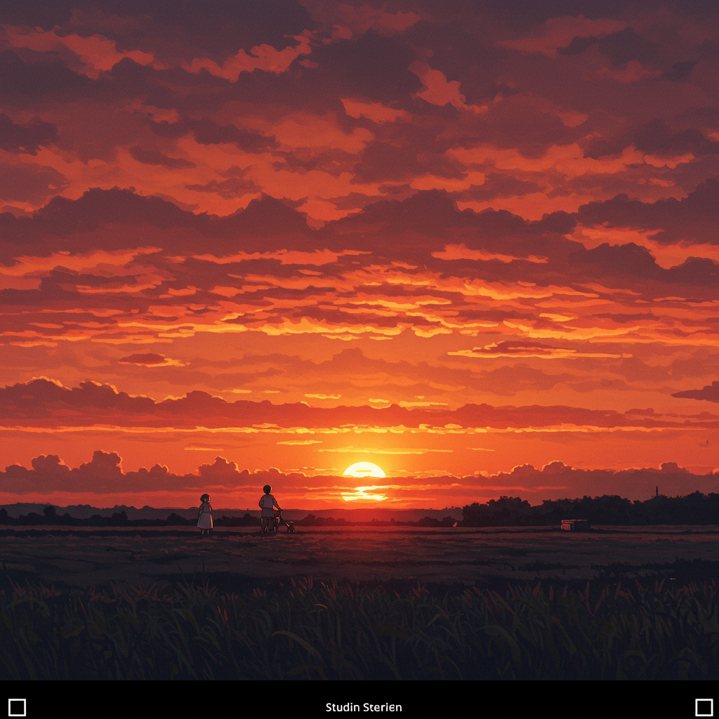 A wide arc of flickering reddish light stretches across the western sky, resembling multiple sunsets blending into a vivid, fiery horizon above dark silhouettes.