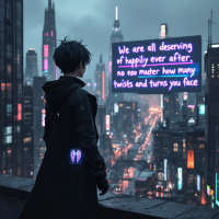 A figure in a dark coat stands on a rooftop overlooking a futuristic city at night, with a glowing quote about deserving happiness despite life's challenges displayed nearby.