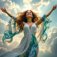 A joyful woman with flowing hair spreads her arms wide, wearing a flowing white dress adorned with green patterns, against a backdrop of radiant clouds and sunlight, embodying a sense of freedom.