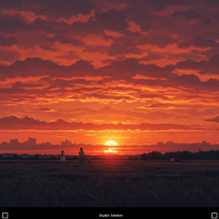 A wide arc of flickering reddish light stretches across the western sky, resembling multiple sunsets blending into a vivid, fiery horizon above dark silhouettes.