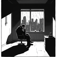 A solitary figure sits slumped in a dimly lit room, gazing out at a rainy cityscape, embodying a sense of deep dissatisfaction and emptiness.