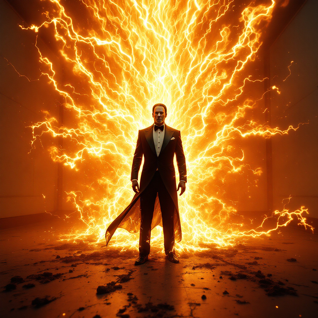 A man in a tuxedo stands surrounded by a torrent of fiery plasma, with flames igniting his clothing and darkening the floor and walls around him. The scene captures intense energy and chaos.