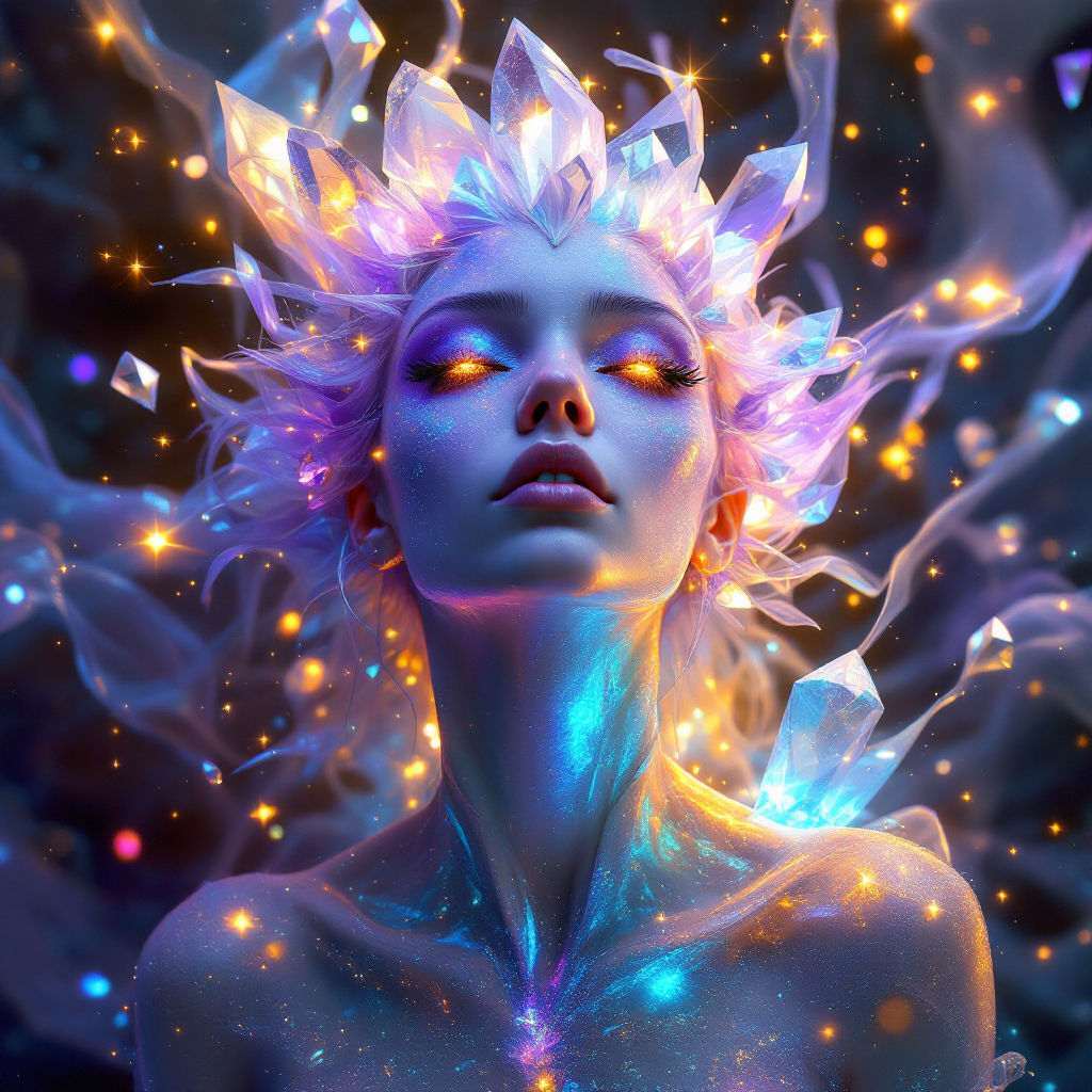 A luminous figure adorned with crystalline hair and glowing eyes, surrounded by ethereal wisps of light and color, embodying the essence of diverse experiences and thoughts.