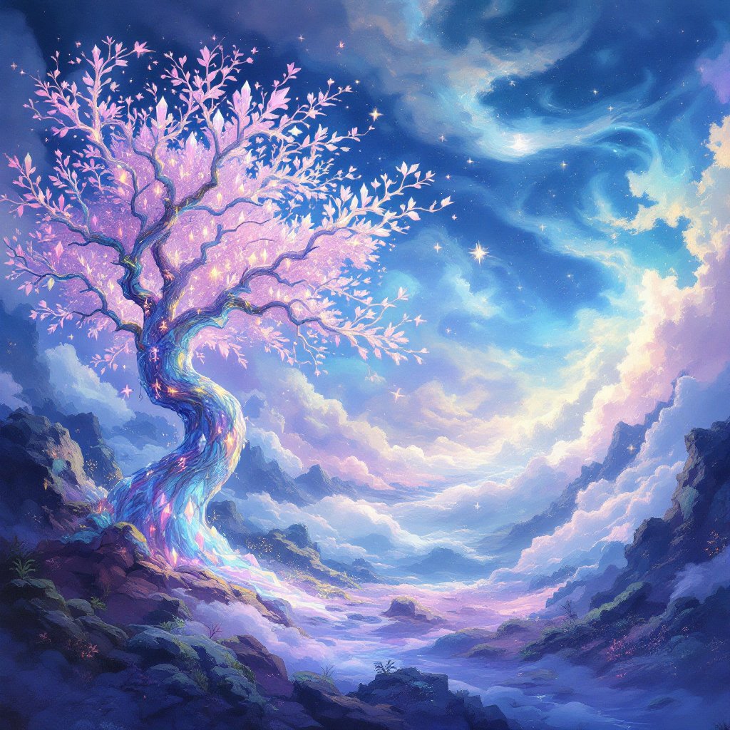 A luminous, twisted tree with pink blossoms stands against a dreamy, starry sky, surrounded by ethereal clouds, embodying the essence of There’s always another secret.