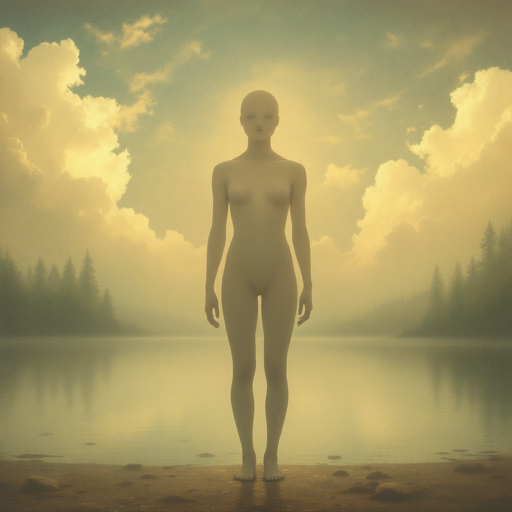 A serene landscape features a standing, featureless humanoid figure against a tranquil lake and dramatic clouds, reflecting themes of identity and transformation from the quote about being a half-blood.