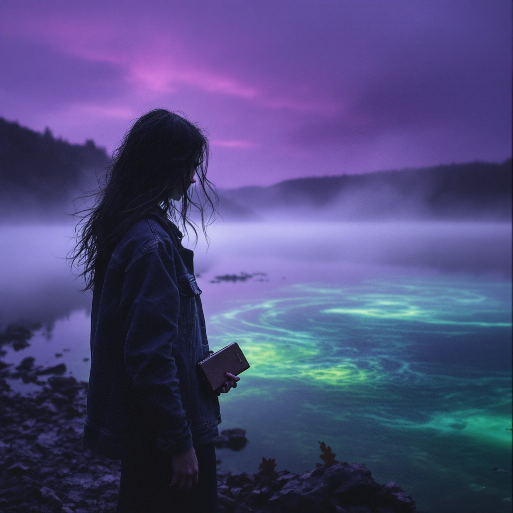 A figure stands by a misty, iridescent lake at dusk, reflecting on the bittersweet nature of parting as vibrant purple and green hues blend in the serene landscape.