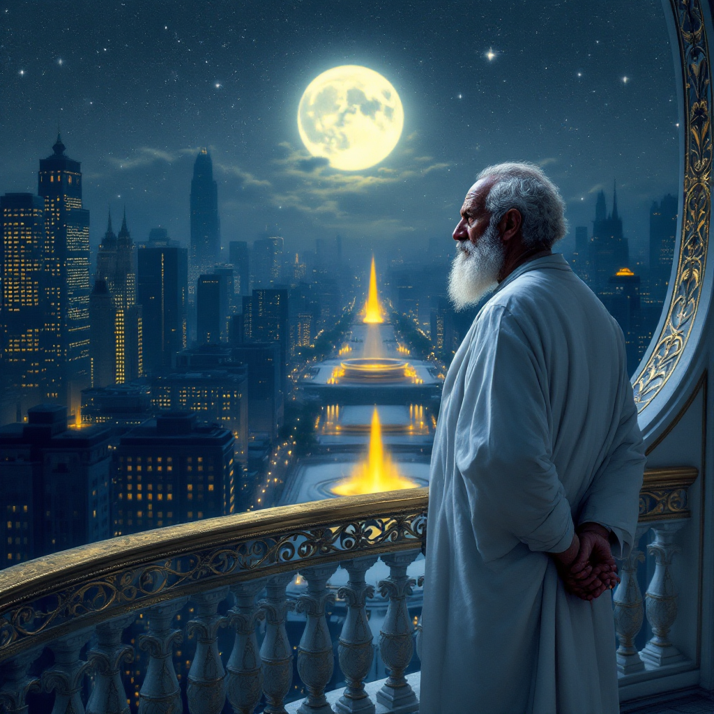 An elderly figure in a white robe gazes thoughtfully over a luminous cityscape under a full moon, reflecting on life's moments that require judgment.