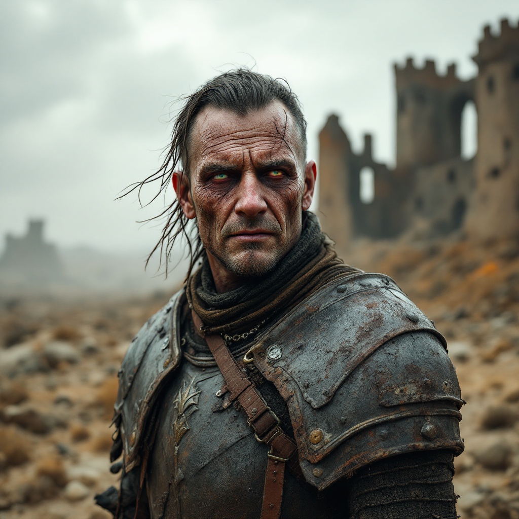 A weathered warrior stands confidently in armor, gazing intently into the distance against a backdrop of ancient castle ruins, embodying the spirit of perseverance and triumph.