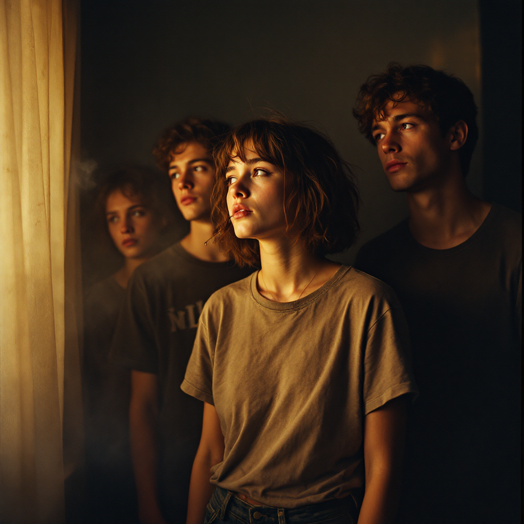 A group of four young people stands together, gazing intently out a window, with soft light illuminating their faces, embodying the sentiment of being a lost generation.