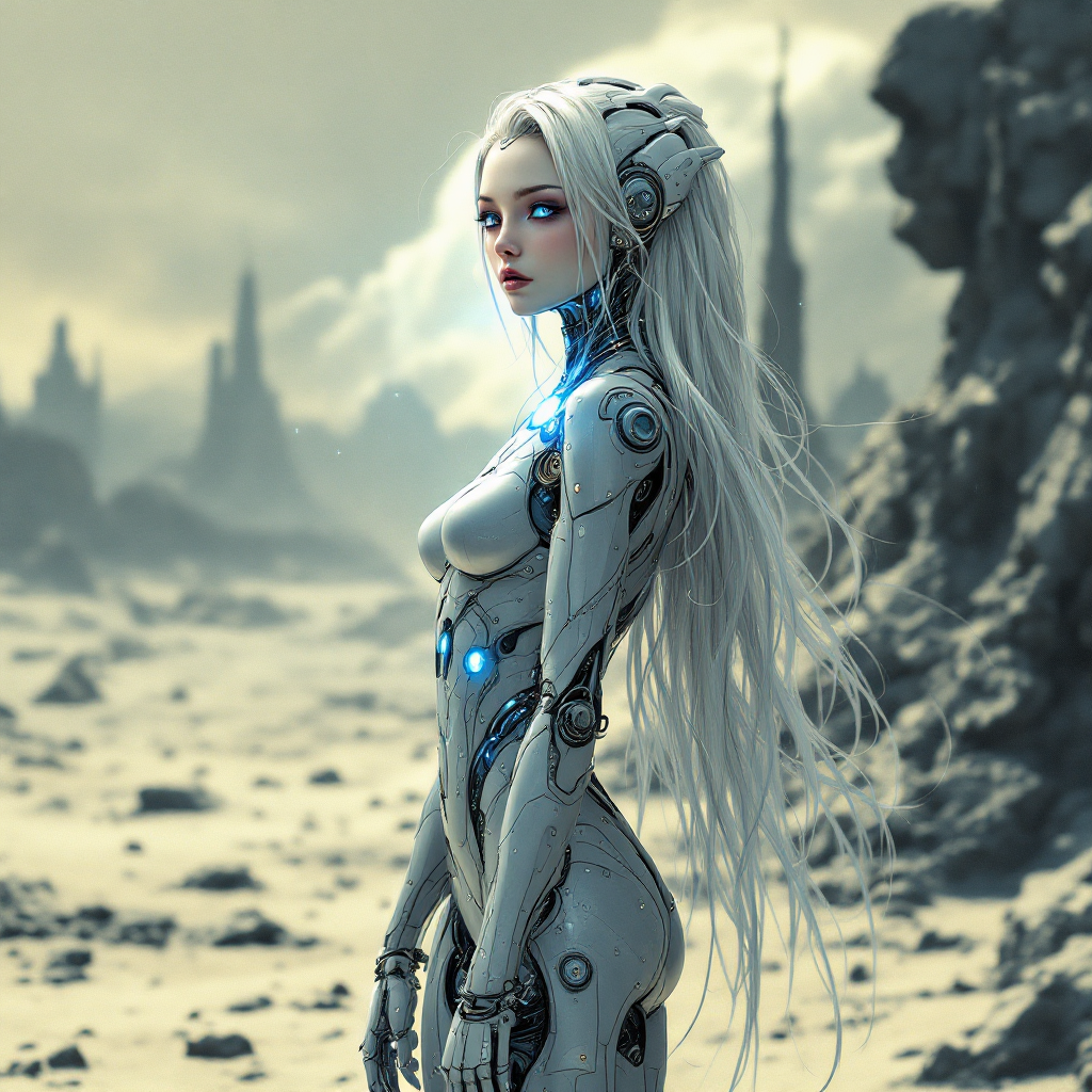 A slender, humanoid figure with metallic skin and long, flowing hair stands in a desolate landscape, embodying the complex question of humanity beyond mere machinery.