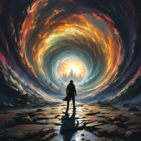 A silhouetted figure stands at the edge of a swirling, colorful vortex, symbolizing the daring journey to uncover the secrets of time. A distant castle is faintly visible in the background.