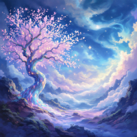 A luminous, twisted tree with pink blossoms stands against a dreamy, starry sky, surrounded by ethereal clouds, embodying the essence of There’s always another secret.