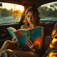 A young woman sits in the back seat of a car, absorbed in a colorful book by a beat poet, illuminated by the warm glow of sunset filtering through the window.