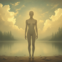 A serene landscape features a standing, featureless humanoid figure against a tranquil lake and dramatic clouds, reflecting themes of identity and transformation from the quote about being a half-blood.