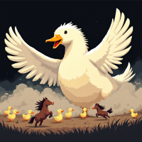 A large, playful duck with outstretched wings dominates the scene, surrounded by small ducks and galloping horses, evoking a sense of whimsical adventure and survival.