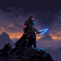 A determined warrior stands atop a rocky peak, wielding a glowing blue sword against a dramatic sunset sky, embodying the spirit of fighting for one's beliefs.