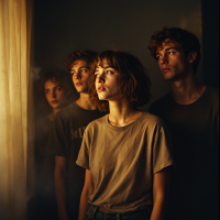 A group of four young people stands together, gazing intently out a window, with soft light illuminating their faces, embodying the sentiment of being a lost generation.