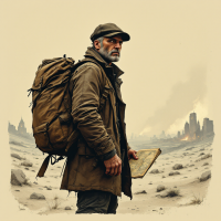 A rugged man stands in a desolate landscape, wearing a backpack and holding a map, embodying resolve and a desire to make a difference, inspired by the quote about saving the world.