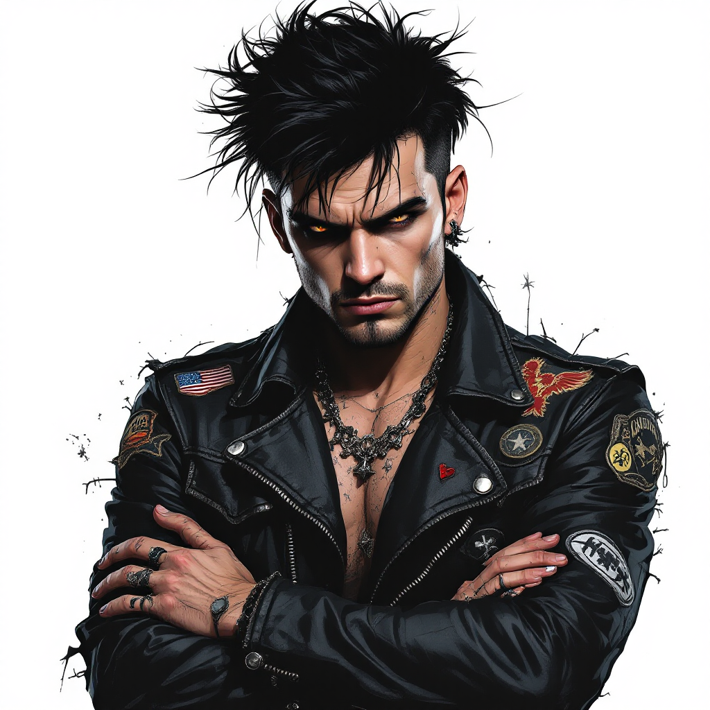 A confident, intense-looking man with spiky black hair and a leather jacket adorned with patches and pins, embodies resilience and intelligence amidst adversity.