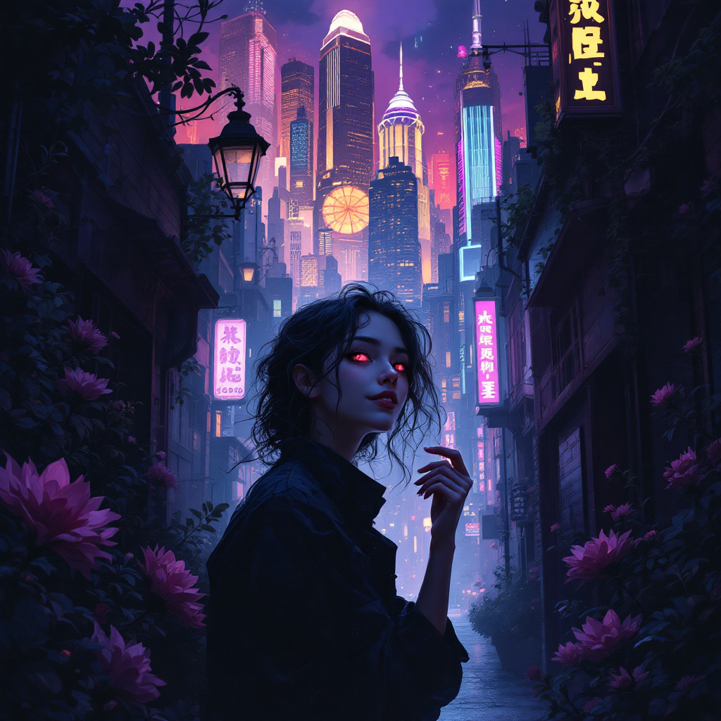 A young woman stands in a neon-lit alley, her glowing eyes reflecting the vibrant city skyline behind her, evoking the idea of finding a word that holds power.