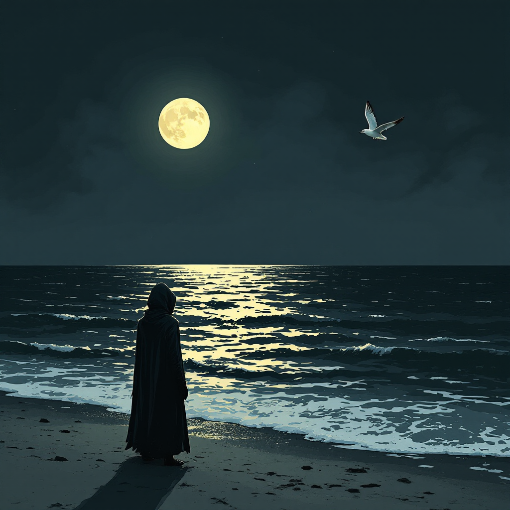 A cloaked figure stands on a moonlit beach, gazing at the shimmering waves and a flying seagull, embodying the unexpected nature of destiny.