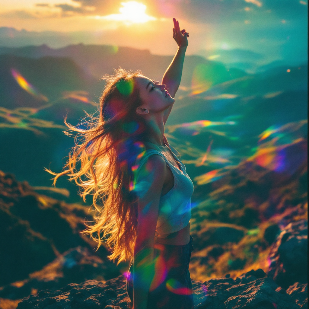 A woman stands on a mountaintop, her arms raised towards a radiant sunset, embodying the essence of freedom and the opportunity for self-improvement. The landscape sparkles with color.