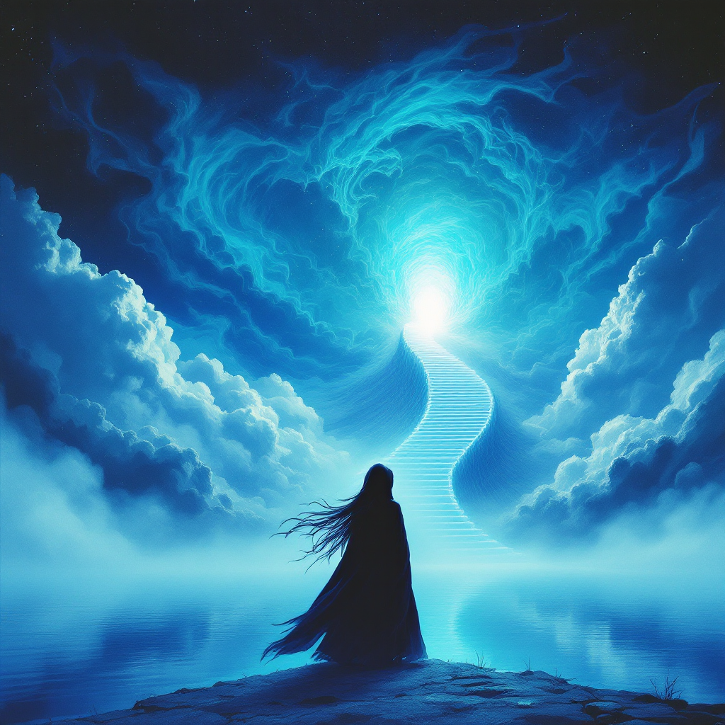 A silhouette of a figure stands on a shore, gazing up at a luminous, spiraling staircase leading into a vibrant blue sky filled with swirling clouds, embodying the embrace of uncertainty.