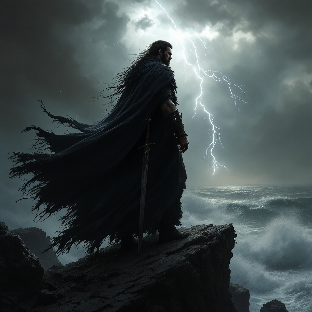 A silhouetted figure stands on a rocky shore, draped in a dark cloak, as lightning strikes the turbulent sea, embodying the tension of leadership's timing—when to act and when to wait.