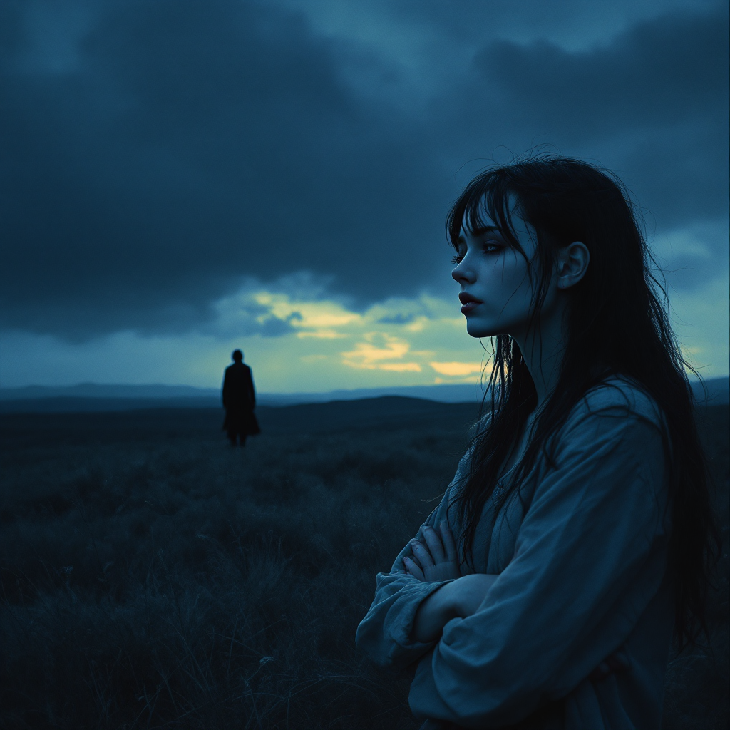 A somber woman stands in a desolate landscape, arms crossed, gazing into the distance as a shadowy figure looms behind her, embodying the bitter truth of betrayal from trusted ones.