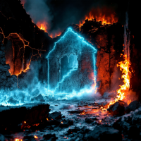 A glowing blue outline of a house stands amidst a fiery landscape, symbolizing protection and defiance against destruction, evoking the quote, You do not have the right to burn what is mine.