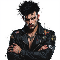 A confident, intense-looking man with spiky black hair and a leather jacket adorned with patches and pins, embodies resilience and intelligence amidst adversity.