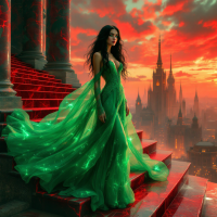 A woman in a flowing green gown stands on red stone steps against a dramatic sunset, embodying the extraordinary in a transformed world. Majestic towers rise in the background.