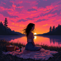 A woman sits on a blanket by a tranquil lake, gazing at a vibrant sunset. A picnic basket rests nearby, capturing the essence of letting go and finding peace in solitude.