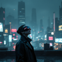 A figure in a leather jacket gazes upwards in a neon-lit, foggy cityscape, evoking a sense of introspection and connection to the quote about reading minds.