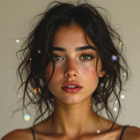 A close-up portrait of a woman with tousled dark hair and striking eyes, exuding a sense of authenticity and warmth, enhanced by subtle sparkles in the background.