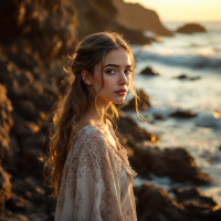 A young woman with long hair stands by the rocky shore at sunset, gazing thoughtfully into the distance, embodying the quiet courage highlighted in the quote about bravery.