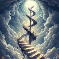 A twisting staircase spirals upward through clouds, leading to a luminous, radiant light, symbolizing hope and ascendance, inspired by the quote about chaos as a ladder.