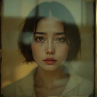 A close-up portrait of a young woman with soft features and expressive eyes, captured through a reflective surface, evoking the theme of changing one's perception of the past.