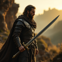 A brooding warrior in dark armor stands with a drawn sword in a golden landscape, embodying the quote, The man who passes the sentence should swing the sword.