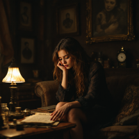 A woman sits pensively on a vintage couch, surrounded by dim lighting and antique decor, as she reflects on life, likening it to a series of disconnected scenes.